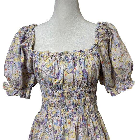 Levis Womens L Floral Smocked Mini Dress With Puff Sleeves & Pockets Coquette - Picture 3 of 9